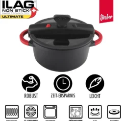 Steuber Niederdruck Kochtopf Für Alle Herdarten, 4800 Ml, Ø 24 Cm, Antihaft, Vitaminschonend, Bis 230°C Backofengeeignet, Abnehmbare Silikongriffe
