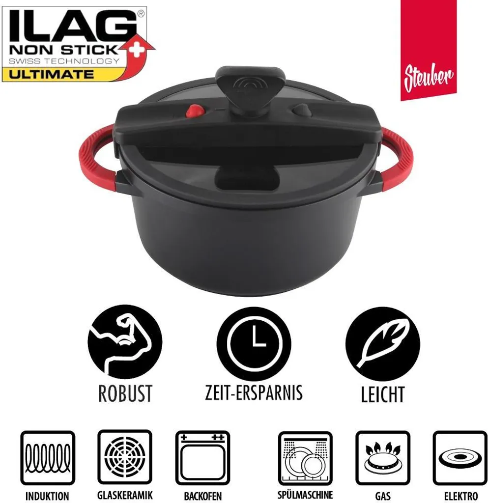 Steuber Niederdruck Kochtopf Für Alle Herdarten, 4800 Ml, Ø 24 Cm, Antihaft, Vitaminschonend, Bis 230°C Backofengeeignet, Abnehmbare Silikongriffe 1 Steuber Niederdruck Kochtopf Für Alle Herdarten, 4800 Ml, Ø 24 Cm, Antihaft, Vitaminschonend, Bis 230°C Backofengeeignet, Abnehmbare Silikongriffe