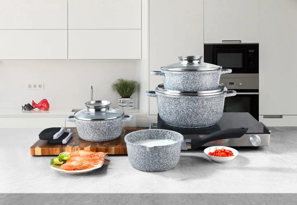 Graue Töpfe Und Kasserolle Mit Marmorbeschichtung 2 Graue Töpfe Und Kasserolle Mit Marmorbeschichtung – Bild 2