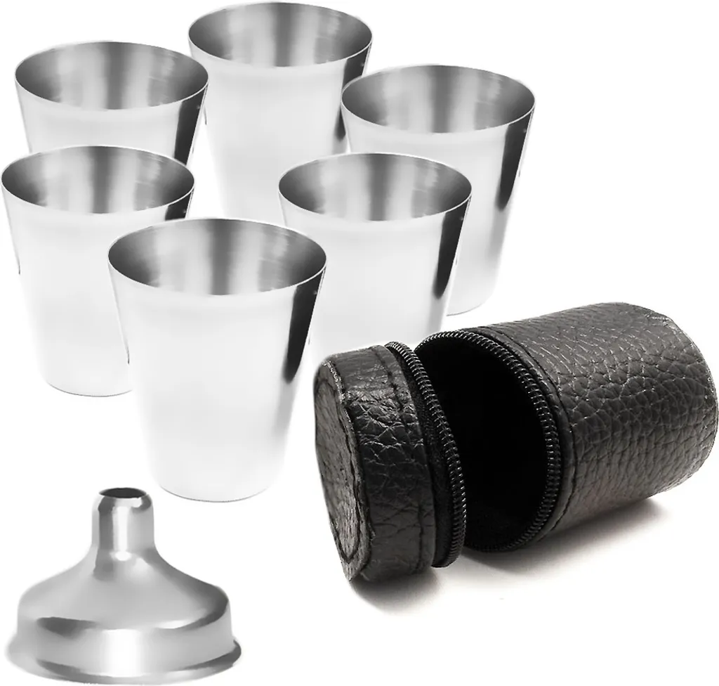 Outdoor Saxx® - 8-Teiliges Edelstahl-Becher Set, 6 Unzerbrechliche Schnaps-Becher, Schnaps-Gläser Aus Metall, Metall-Becher Mit Einfüll-Trichter Und Leder-Tasche, Ideales Flachmann-Zubehör 4 Outdoor Saxx® - 8-Teiliges Edelstahl-Becher Set, 6 Unzerbrechliche Schnaps-Becher, Schnaps-Gläser Aus Metall, Metall-Becher Mit Einfüll-Trichter Und Leder-Tasche, Ideales Flachmann-Zubehör – Bild 4