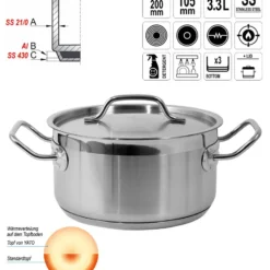 YATO Kochtopf Mit Deckel 20x10,5 3,3L Gastronomie Qualität Edelstahl Topf Gastro Induktion