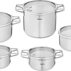 TEFAL Nordica H852SA55 Stahl-Topfset Mit Deckel 10-teilig, Topf: 18/20/24 Cm, Kochtopf Hoch 22cm, Rondel 16cm