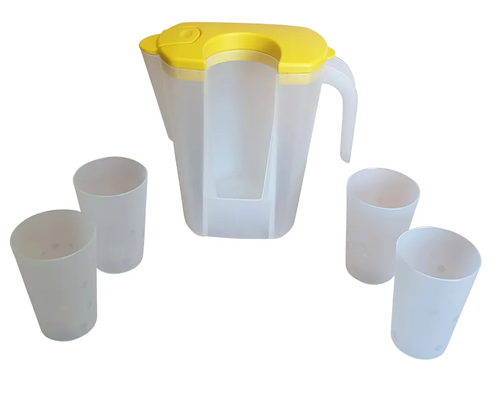 Saftkrug Mit 4 Trinkbechern Pendel-Ausguss Karaffe Mit Deckel Saftkanne, Farbe:gelb 2 Saftkrug Mit 4 Trinkbechern Pendel-Ausguss Karaffe Mit Deckel Saftkanne, Farbe:gelb – Bild 2