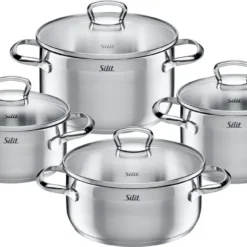 Silit Toskana Topfset Induktion 4-teilig, Edelstahl Teilmattiert, Induktionstöpfe Unbeschichtet, Glasdeckel