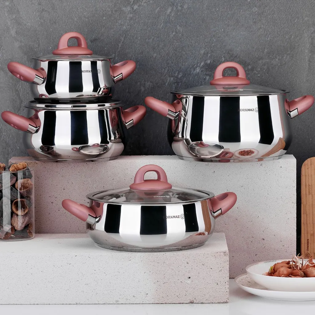 Korkmaz Bella Rosegold 8-teiliges Topfset Induktion Kochgeschirr-Set - Edelstahl, Induktionsgeeignet, Mit Glasdeckel A1848-1 1 Korkmaz Bella Rosegold 8-teiliges Topfset Induktion Kochgeschirr-Set - Edelstahl, Induktionsgeeignet, Mit Glasdeckel A1848-1