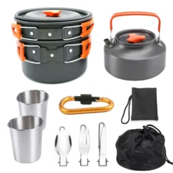 Kochtopf Topf-Sets Camping Kochgeschirr Set Outdoor Kochausrüstung Töpfe Bratpfanne Kettle Set,Orange