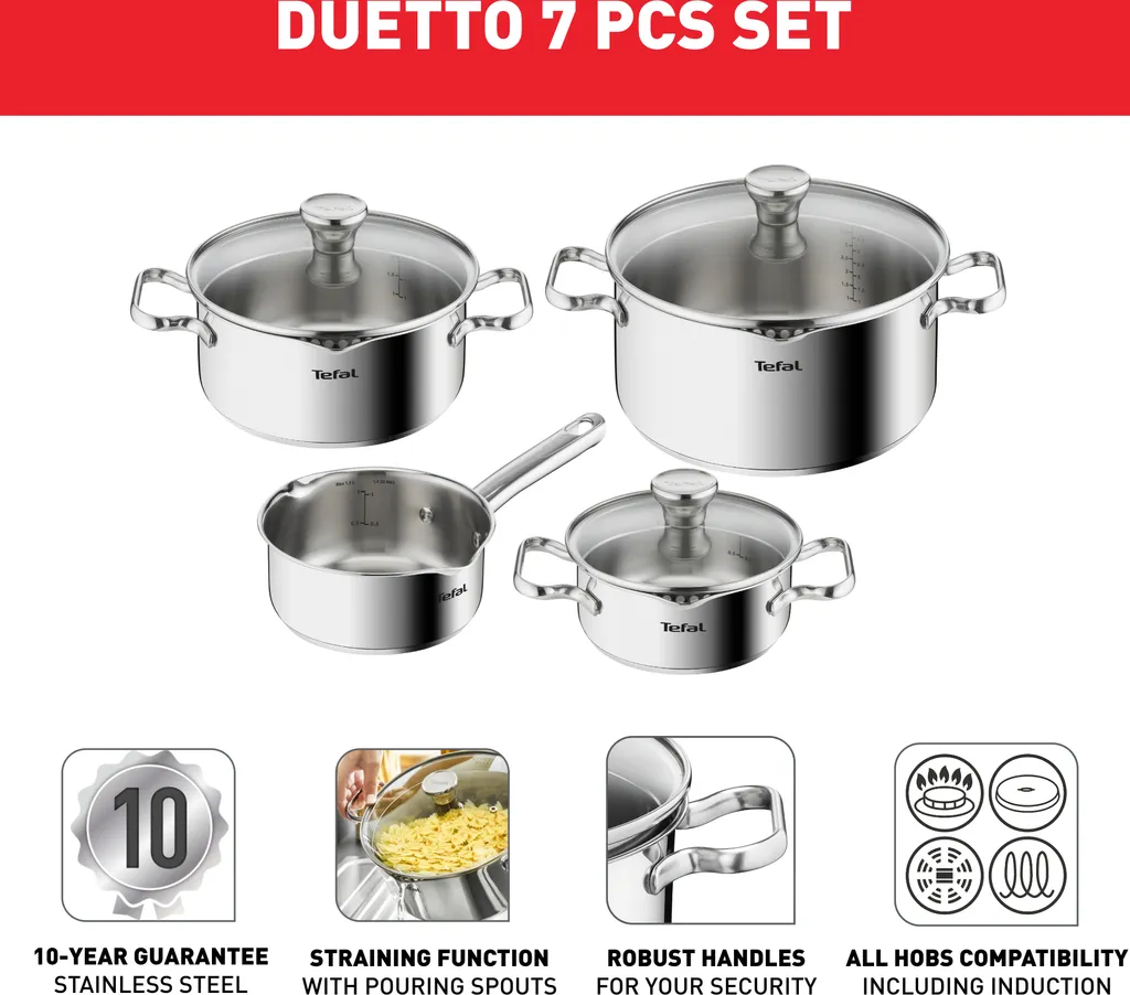 Tefal Duetto Kochgeschirr, 7-Teiliges Set, Stielkasserolle 16 Cm, Kochtöpfe 16/20/24 Cm + Deckel 6 Tefal Duetto Kochgeschirr, 7-Teiliges Set, Stielkasserolle 16 Cm, Kochtöpfe 16/20/24 Cm + Deckel – Bild 6
