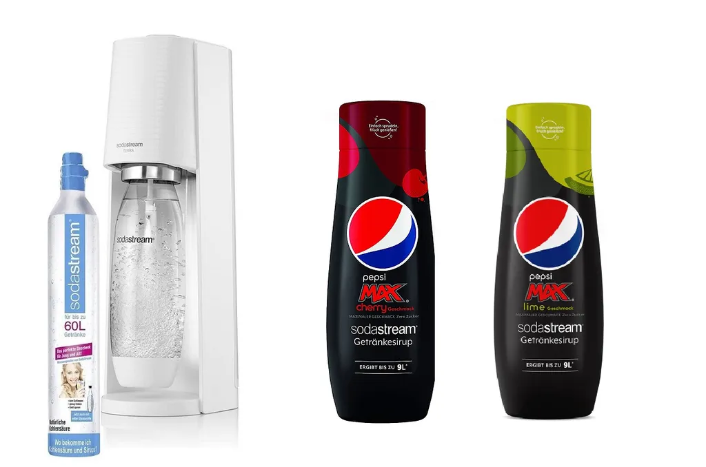 Sodastream Wassersprudler Terra White + 1 X PET Flasche + CO²Zylinder + 2x Pepsi Max Sirup Lime/Cherry 1 Sodastream Wassersprudler Terra White + 1 X PET Flasche + CO²Zylinder + 2x Pepsi Max Sirup Lime/Cherry