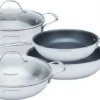 Remoska Edelstahl Topfset Quanta XL - 5-teilig Induktions Töpfe Set, 5l Kochtopf Mit Glasdeckel, 16cm Stielkasserolle, 28cm Edelstahl Wokpfanne, 24cm Und 28cm Pfanne Mit Antihaftbeschichtung