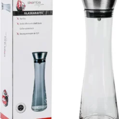 AXENTIA Glas-Glaskaraffe 1200 Ml Mit Edelstahldeckel, Ø 10 X H34 Cm, Wasser Kanne Mit Präzisem Ausgießer, Integriertes Sieb, Wasser Karaffe