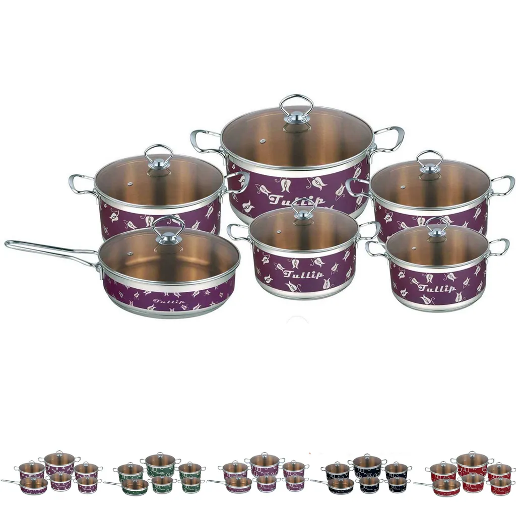 Kochgeschirr | 12 Tlg Kochtopfset | Induktion | Topf 18/10 Edelstahl | Lila Blumen 1 Kochgeschirr | 12 Tlg Kochtopfset | Induktion | Topf 18/10 Edelstahl | Lila Blumen