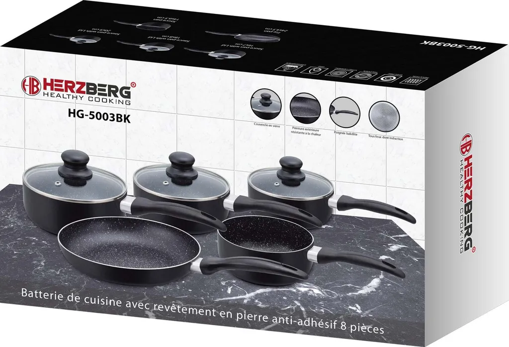 Herzberg HG-5003BK: 8-Teiliges Marmor-Kochgeschirr-Set - Schwarz 6 Herzberg HG-5003BK: 8-Teiliges Marmor-Kochgeschirr-Set - Schwarz – Bild 6