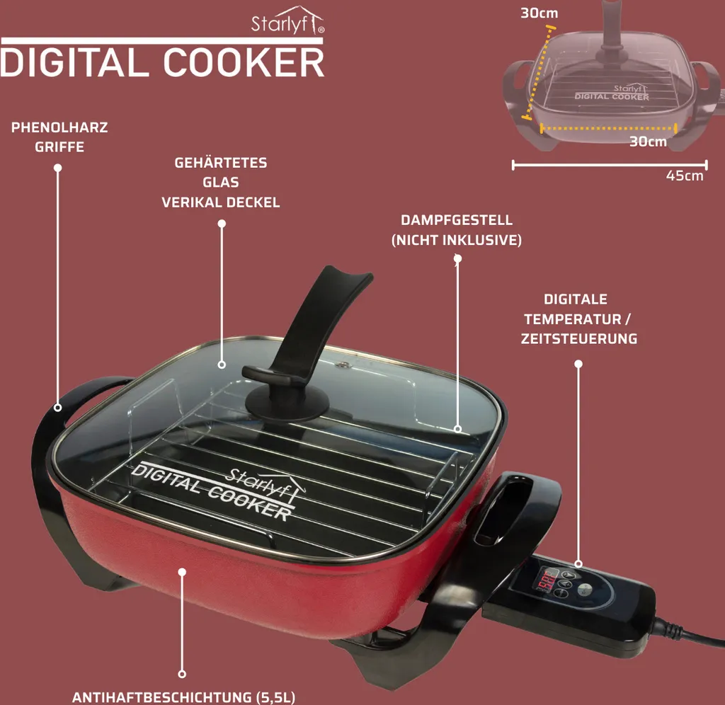 Starlyf®Digital Cooker - XXL Elektrische Bratpfanne Mit Digitalem Thermostat Und Temperaturanzeige, 1600 Watt, 5,5 Liter Fassungsvermögen, Partypfanne - Aus Der TV Werbung 7 Starlyf®Digital Cooker - XXL Elektrische Bratpfanne Mit Digitalem Thermostat Und Temperaturanzeige, 1600 Watt, 5,5 Liter Fassungsvermögen, Partypfanne - Aus Der TV Werbung – Bild 7
