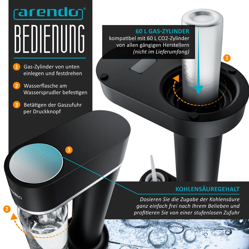 Arendo Wassersprudler 850 Ml – Inkl. 2 850 Ml Wasserflaschen - Carbonator - Fein Dosierbar – Kompatibel Mit 60 L CO2 Zylindern 4 Arendo Wassersprudler 850 Ml – Inkl. 2 850 Ml Wasserflaschen - Carbonator - Fein Dosierbar – Kompatibel Mit 60 L CO2 Zylindern – Bild 4