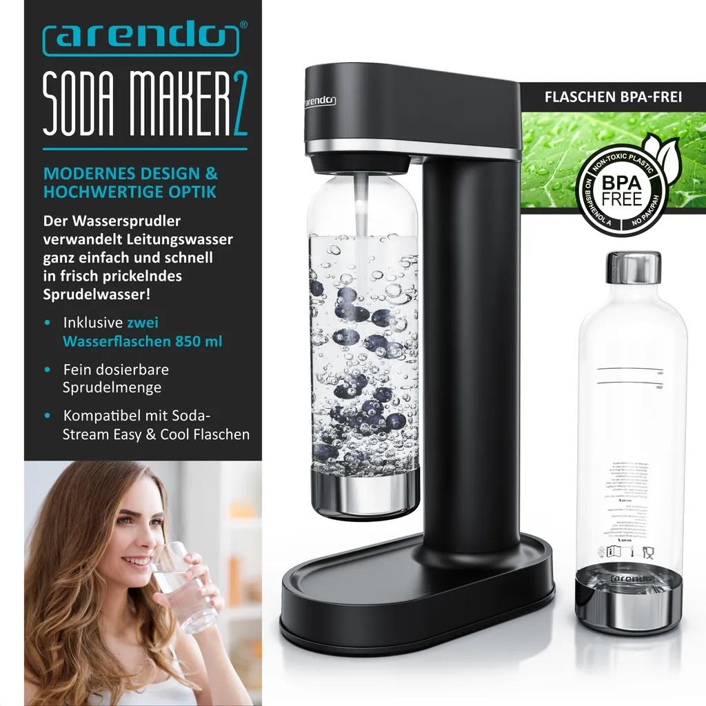 Arendo Wassersprudler 850 Ml – Inkl. 2 850 Ml Wasserflaschen - Carbonator - Fein Dosierbar – Kompatibel Mit 60 L CO2 Zylindern 2 Arendo Wassersprudler 850 Ml – Inkl. 2 850 Ml Wasserflaschen - Carbonator - Fein Dosierbar – Kompatibel Mit 60 L CO2 Zylindern – Bild 2